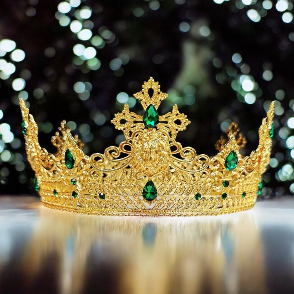 Gold King Lion Crown Prince Wedding Diadem Green Crystal Crown Gift For Dad